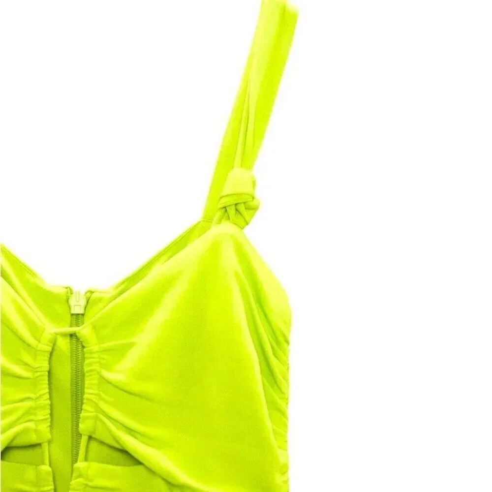 New Zara ruched keyhole bodycon dress in lime neon yellow green size S - Picture 4 of 7